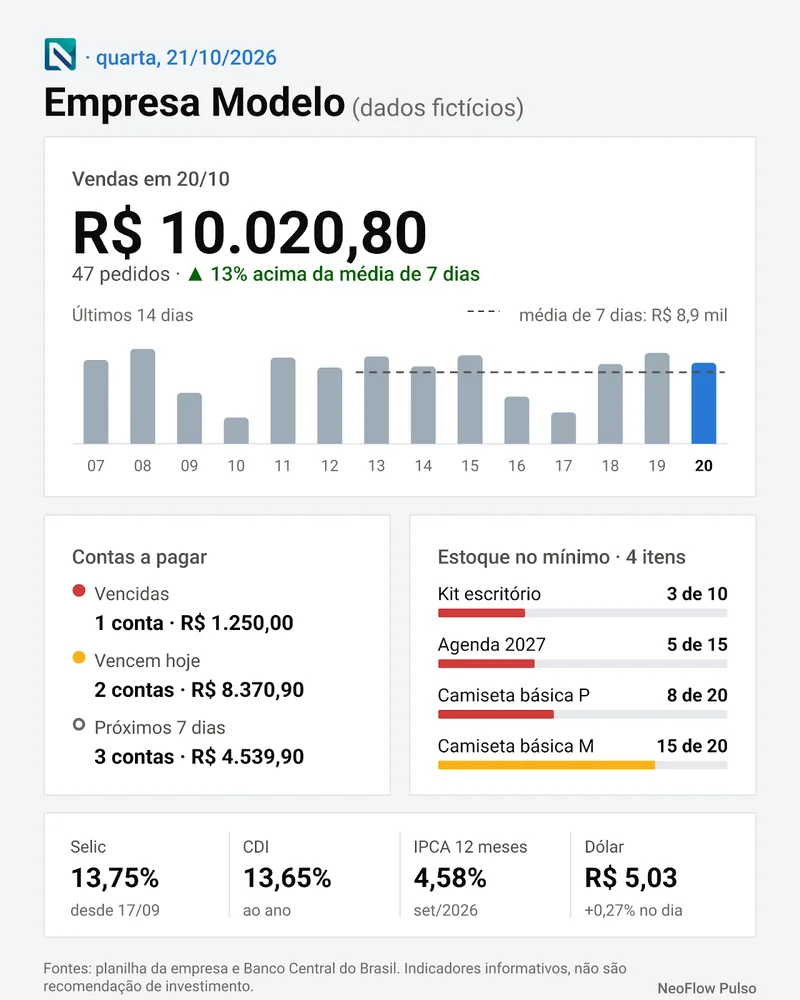 Exemplo do cartão diário do NeoFlow Pulso no tema claro, com vendas, contas a pagar, estoque e indicadores de mercado de uma empresa fictícia.